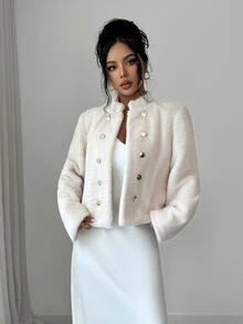 Elenzga Autumn/Winter New Beige Stand Collar Double-Breasted Embossed Button Faux Fur Short Jacket Women Soft Plush Top - Apricot - View 6