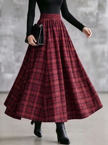 SHEIN Vintage Casual Versatile Red Plaid A-Line Skirt For Women - Red - View 5