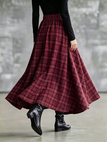 SHEIN Vintage Casual Versatile Red Plaid A-Line Skirt For Women - Red - View 3