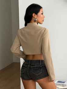Coolane 女款冬季街頭風外出性感派對 Y2K 優雅休閒時尚保暖柔軟寬鬆夜店風卡其色菱格紋短版拉鍊鉚釘長袖飛行夾克 - 卡其色 - 查看 6