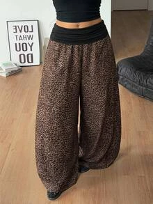 Coolane Women's Plus Size Fall Winter Going Out Elegant Vacation Country Concert Beach Outfit Boho Leopard Print Brown Mid-Waist Wide Leg Pants - Mocha Brown - View 2