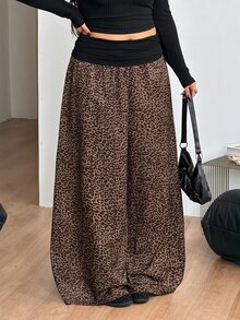 Coolane Women's Plus Size Fall Winter Going Out Elegant Vacation Country Concert Beach Outfit Boho Leopard Print Brown Mid-Waist Wide Leg Pants - Mocha Brown - View 7