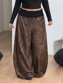 Coolane Women's Plus Size Fall Winter Going Out Elegant Vacation Country Concert Beach Outfit Boho Leopard Print Brown Mid-Waist Wide Leg Pants - Mocha Brown - View 8