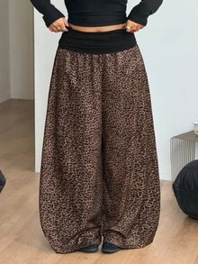 Coolane Women's Plus Size Fall Winter Going Out Elegant Vacation Country Concert Beach Outfit Boho Leopard Print Brown Mid-Waist Wide Leg Pants - Mocha Brown - View 4