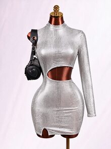 Mistrie Sexy Crocodile Print Cutout Waist Long Sleeve High Neck Club Mini Dress - Silver - View 4