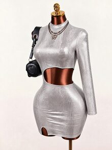 Mistrie Sexy Crocodile Print Cutout Waist Long Sleeve High Neck Club Mini Dress - Silver - View 6