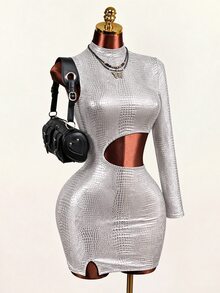 Mistrie Sexy Crocodile Print Cutout Waist Long Sleeve High Neck Club Mini Dress - Silver - View 5