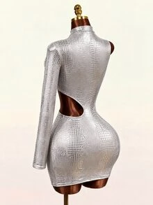 Mistrie Sexy Crocodile Print Cutout Waist Long Sleeve High Neck Club Mini Dress - Silver - View 3