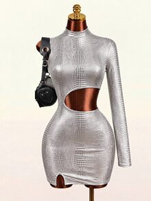Mistrie Sexy Crocodile Print Cutout Waist Long Sleeve High Neck Club Mini Dress - Silver - View 7