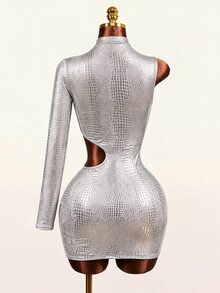 Mistrie Sexy Crocodile Print Cutout Waist Long Sleeve High Neck Club Mini Dress - Silver - View 8