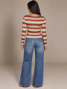 Brilight Women's Boat Neck Long Sleeve Top, Red Gingham Striped Textured Slim Tee, Retro Casual Cropped Blouse For Daily Outings Everyday Daytime Fall - Brown - View 2