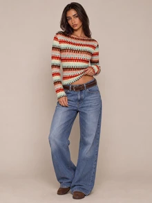 Brilight Women's Boat Neck Long Sleeve Top, Red Gingham Striped Textured Slim Tee, Retro Casual Cropped Blouse For Daily Outings Everyday Daytime Fall - Brown - View 3