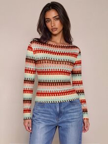 Brilight Women's Boat Neck Long Sleeve Top, Red Gingham Striped Textured Slim Tee, Retro Casual Cropped Blouse For Daily Outings Everyday Daytime Fall - Brown - View 7