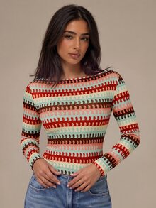 Brilight Women's Boat Neck Long Sleeve Top, Red Gingham Striped Textured Slim Tee, Retro Casual Cropped Blouse For Daily Outings Everyday Daytime Fall - Brown - View 5