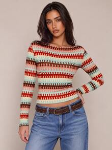 Brilight Women's Boat Neck Long Sleeve Top, Red Gingham Striped Textured Slim Tee, Retro Casual Cropped Blouse For Daily Outings Everyday Daytime Fall - Brown - View 4