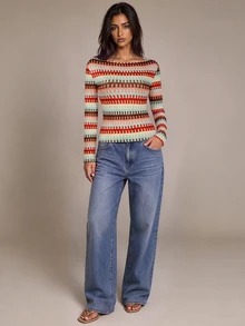 Brilight Women's Boat Neck Long Sleeve Top, Red Gingham Striped Textured Slim Tee, Retro Casual Cropped Blouse For Daily Outings Everyday Daytime Fall - Brown - View 6