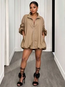 BamGleam Women's Solid Color Zipper Casual Versatile Daily Travel Trench Coat Jacket - Khaki - View 6