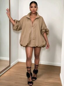 BamGleam Women's Solid Color Zipper Casual Versatile Daily Travel Trench Coat Jacket - Khaki - View 5