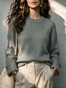 SHEIN 女款秋冬灰色100%純棉針織毛衣，優雅圓領長袖套頭衫，翻摺袖口，聖誕、新年、街頭風 - 灰色 - 查看 5