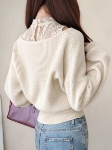 FRIFUL Women's Early Autumn New Korean Style Contrast Lace Neckline Hollow Shoulder 2 In 1 Sweater Cute Tops - Beige - View 2