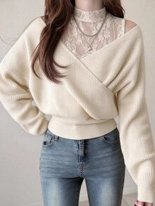 FRIFUL Women's Early Autumn New Korean Style Contrast Lace Neckline Hollow Shoulder 2 In 1 Sweater Cute Tops - Beige - View 4