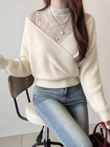 FRIFUL Women's Early Autumn New Korean Style Contrast Lace Neckline Hollow Shoulder 2 In 1 Sweater Cute Tops - Beige - View 7