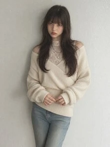 FRIFUL Women's Early Autumn New Korean Style Contrast Lace Neckline Hollow Shoulder 2 In 1 Sweater Cute Tops - Beige - View 1