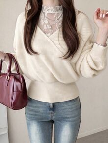 FRIFUL Women's Early Autumn New Korean Style Contrast Lace Neckline Hollow Shoulder 2 In 1 Sweater Cute Tops - Beige - View 3
