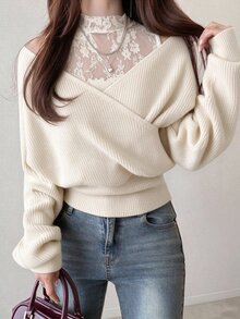 FRIFUL Women's Early Autumn New Korean Style Contrast Lace Neckline Hollow Shoulder 2 In 1 Sweater Cute Tops - Beige - View 5