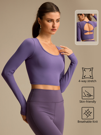 Anewsta Camiseta deportiva casual de fitness para mujer de color liso con manga larga y abertura en la espalda