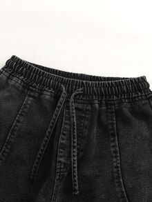 青少年男孩秋季美式復古休閒個性化毛邊褲腳高街刺繡水洗柔軟丹寧寬鬆彎腿長褲校園泳池深色水洗 - 黑色 - 查看 4
