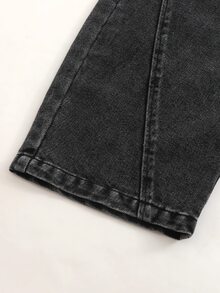 青少年男孩秋季美式復古休閒個性化毛邊褲腳高街刺繡水洗柔軟丹寧寬鬆彎腿長褲校園泳池深色水洗 - 黑色 - 查看 5