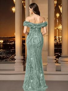 Coutiva Women Elegant Sequin One Shoulder Mermaid Formal Evening Gown, Ruffle Hem Slim Fit Gala Dress For Wedding Guest,Graduation Ceremony & Party Wear - Grass Green - View 2