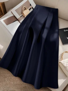 GlowEve CURVE Plus Size Women Solid Color Pleated High Waist A-Line Skirt Navy Blue Fall - Navy Blue - View 3