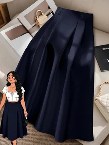 GlowEve CURVE Plus Size Women Solid Color Pleated High Waist A-Line Skirt Navy Blue Fall - Navy Blue - View 1