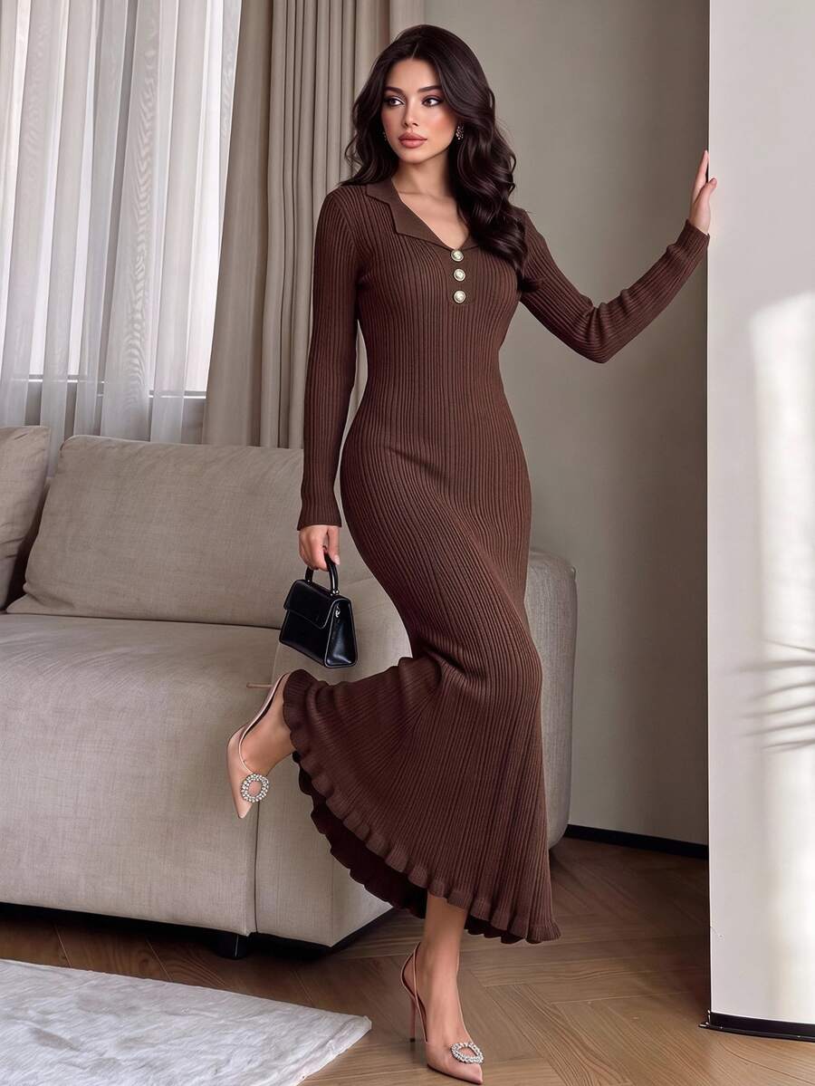 Modelyn Women's Solid Color Casual Elegant Daily Office Brunch Knit Dress Dark Brown Fall - Coffee Brown - View 1
