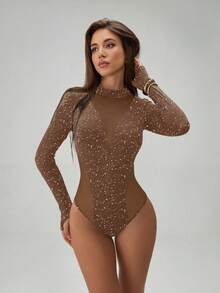 SHEIN 女士时尚圆领长袖金属箔网纱拼接透视连体衣 - 棕色 - 查看 2