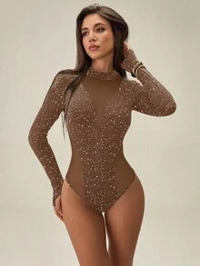 SHEIN 女士时尚圆领长袖金属箔网纱拼接透视连体衣 - 棕色 - 查看 1