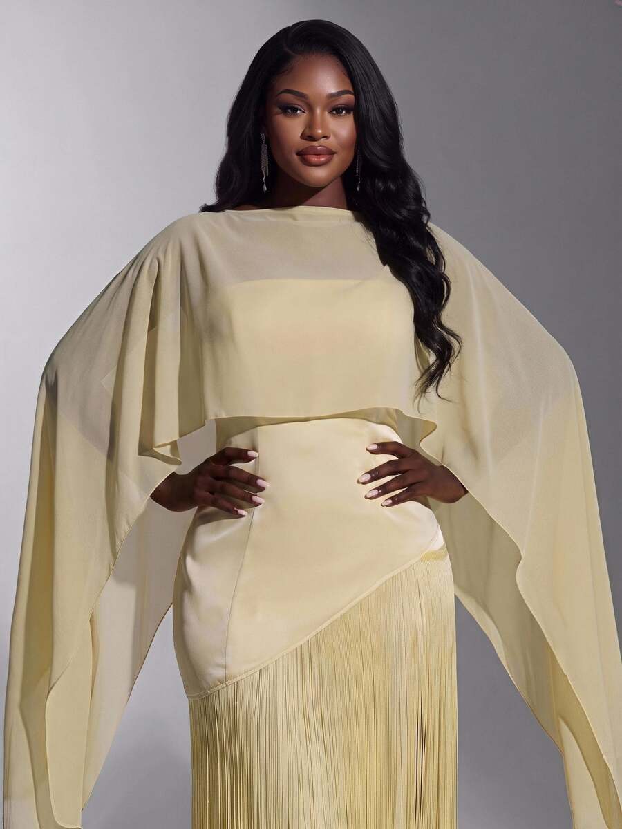 Elitara Plus Size Elegant Soft Yellow Asymmetric Flowy Stretch Knit Fabric Patchwork Tassel Wedding Guest Dinner Evening Party Gown Fall New Year