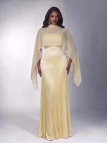 Elitara Plus Size Elegant Soft Yellow Asymmetric Flowy Stretch Knit Fabric Patchwork Tassel Wedding Guest Dinner Evening Party Gown Fall New Year - Dusty Blue - View 3