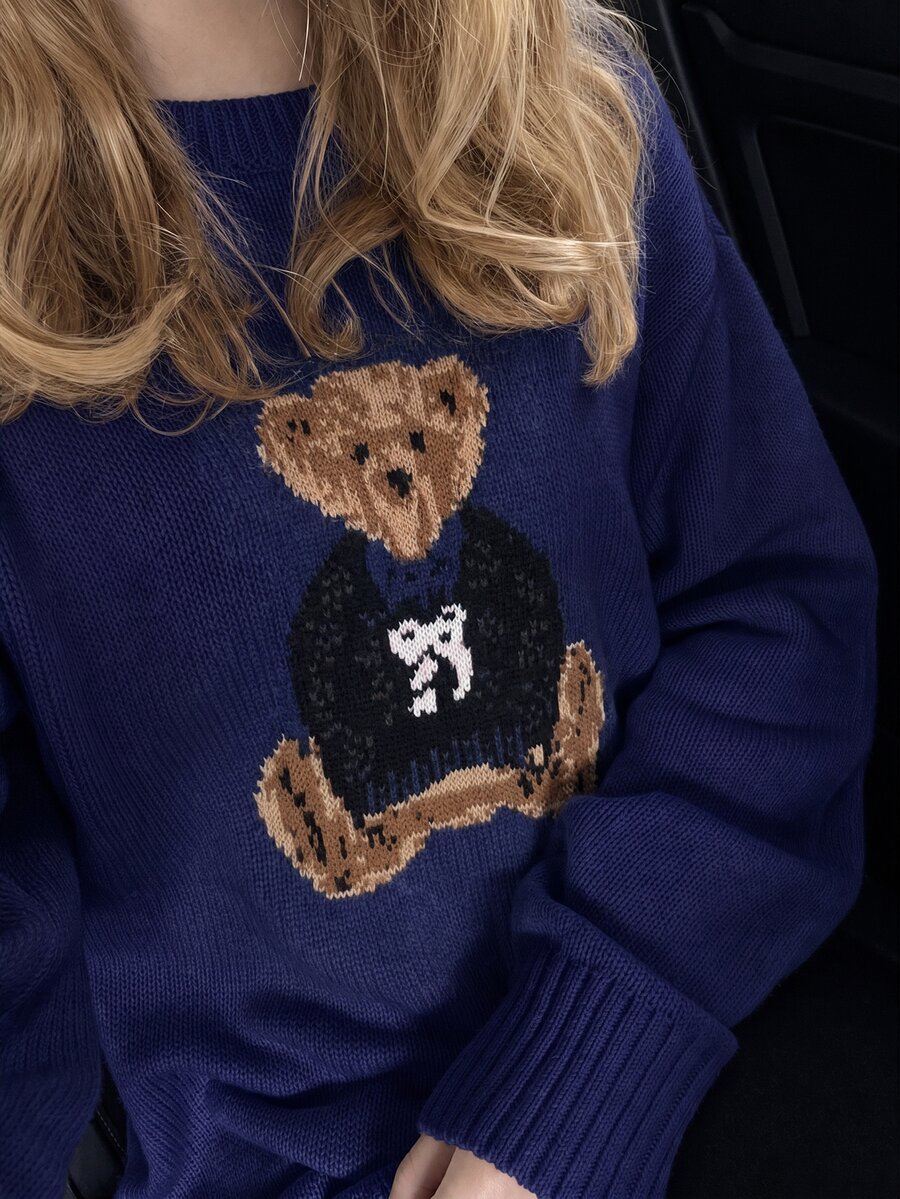 SHEIN Teen Girl Teen Girls Autumn Sweaters Bear Pattern Round Neck White Long Sleeve Knit Cute Sweet Preppy - Navy Blue - View 1