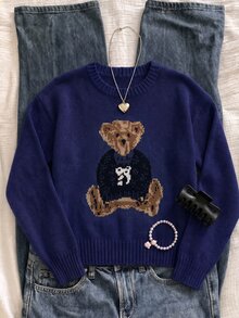 SHEIN Teen Girl Teen Girls Autumn Sweaters Bear Pattern Round Neck White Long Sleeve Knit Cute Sweet Preppy - Navy Blue - View 5