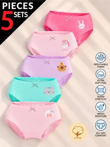 SHEIN Young Girl 5pcs Pack Cute Cartoon Print Cotton Briefs Comfortable Breathable Triangle Underwear Set Everyday Wear Baby Pink Fall Daily Baby Blue Fall - Multicolor - View 1
