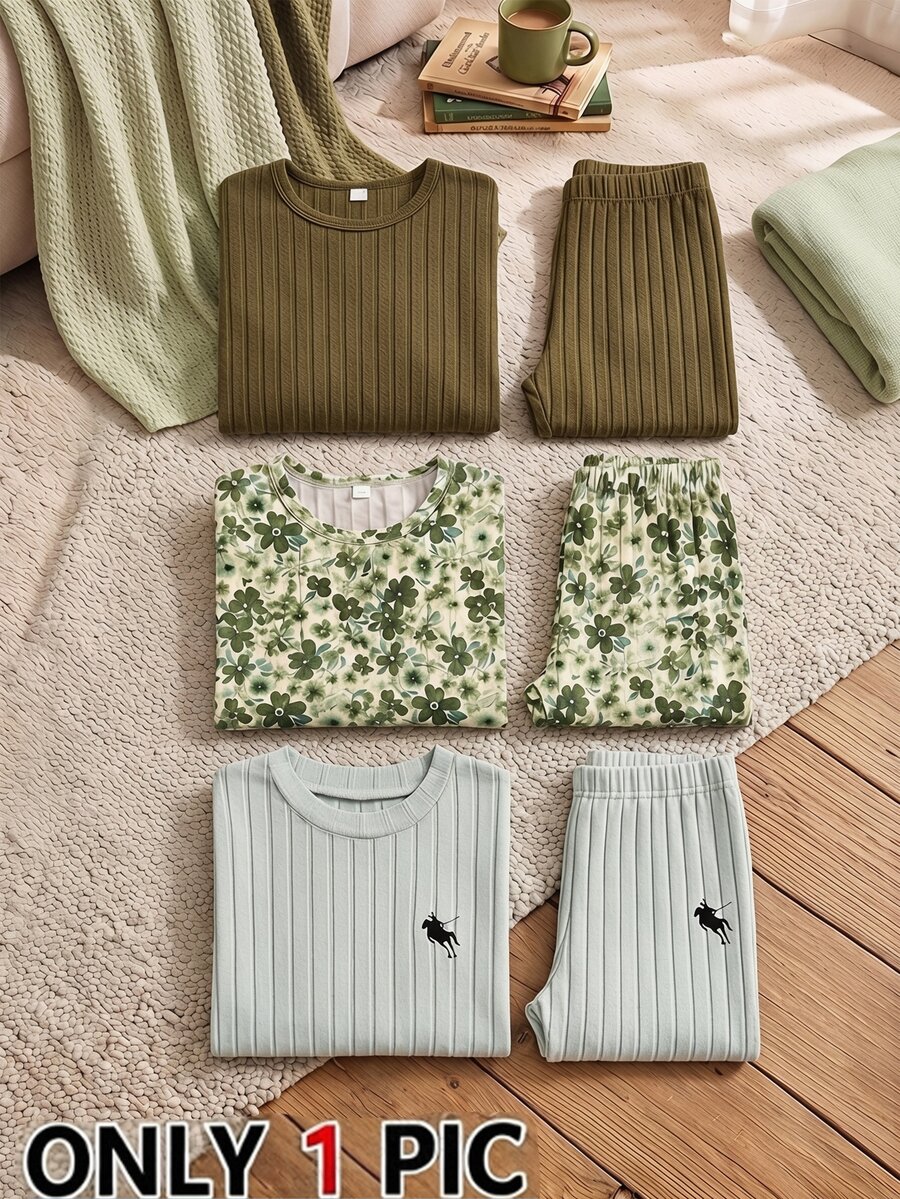 SHEIN Tween Girl Fall Thick Warm School Student Sports 80s Cute Casual Inner Layer Fuzzy Ribbed Crew Neck Long Sleeve Top Leggings T-Shirt Set Family Grey - Green - View 1