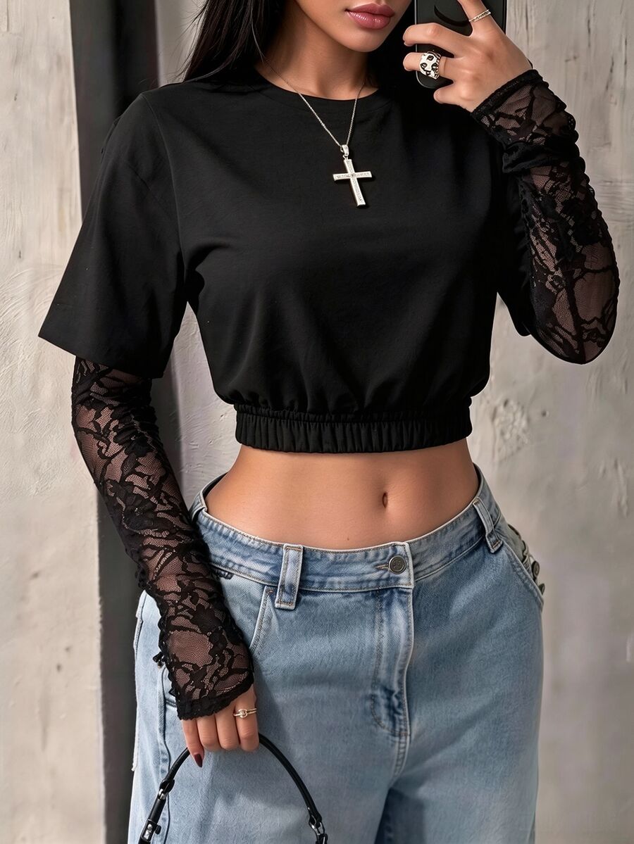 INAWLY Solva Women's Autumn Winter Basic Crew Neck 2 In 1 Lace Splicing Long Sleeve Cropped Top, Solid Co - Black - View 1