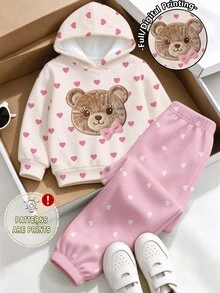幼女 2 件組奶油色卡通熊愛心印花套頭連帽衫與紫色運動長褲套裝，白色上衣，冬季穿搭 - 彩色 - 查看 4