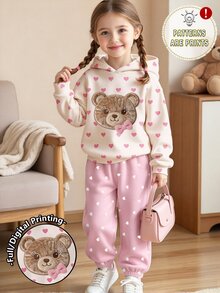 幼女 2 件組奶油色卡通熊愛心印花套頭連帽衫與紫色運動長褲套裝，白色上衣，冬季穿搭 - 彩色 - 查看 3