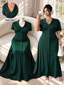 Elenzga Plus Size Women's Elegant Dark Green Autumn Dress,Commuter Lapel Neck Button Decor A-Line Back Tie Short Sleeve Dinner Formal Wear - Dark Green - View 7