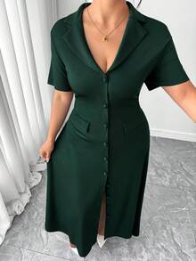 Elenzga Plus Size Women's Elegant Dark Green Autumn Dress,Commuter Lapel Neck Button Decor A-Line Back Tie Short Sleeve Dinner Formal Wear - Dark Green - View 6