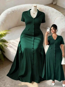 Elenzga Plus Size Women's Elegant Dark Green Autumn Dress,Commuter Lapel Neck Button Decor A-Line Back Tie Short Sleeve Dinner Formal Wear - Dark Green - View 1